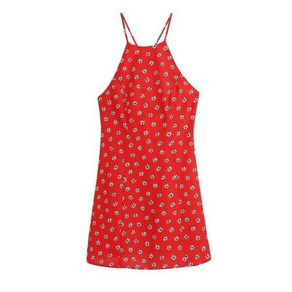 Zara Red & White Floral Daisy Linen Blend High Neck Mini Dress- Size Medium - Picture 3 of 8